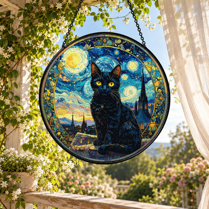 Black Cat against Starry Night stained glass suncatcher window hanging – front design view