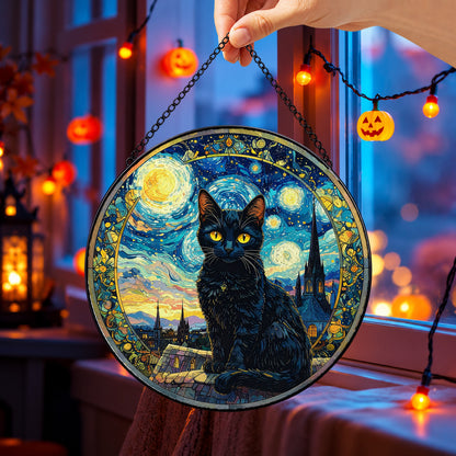Black Cat against Starry Night round stained glass window hanging – second gallery view
