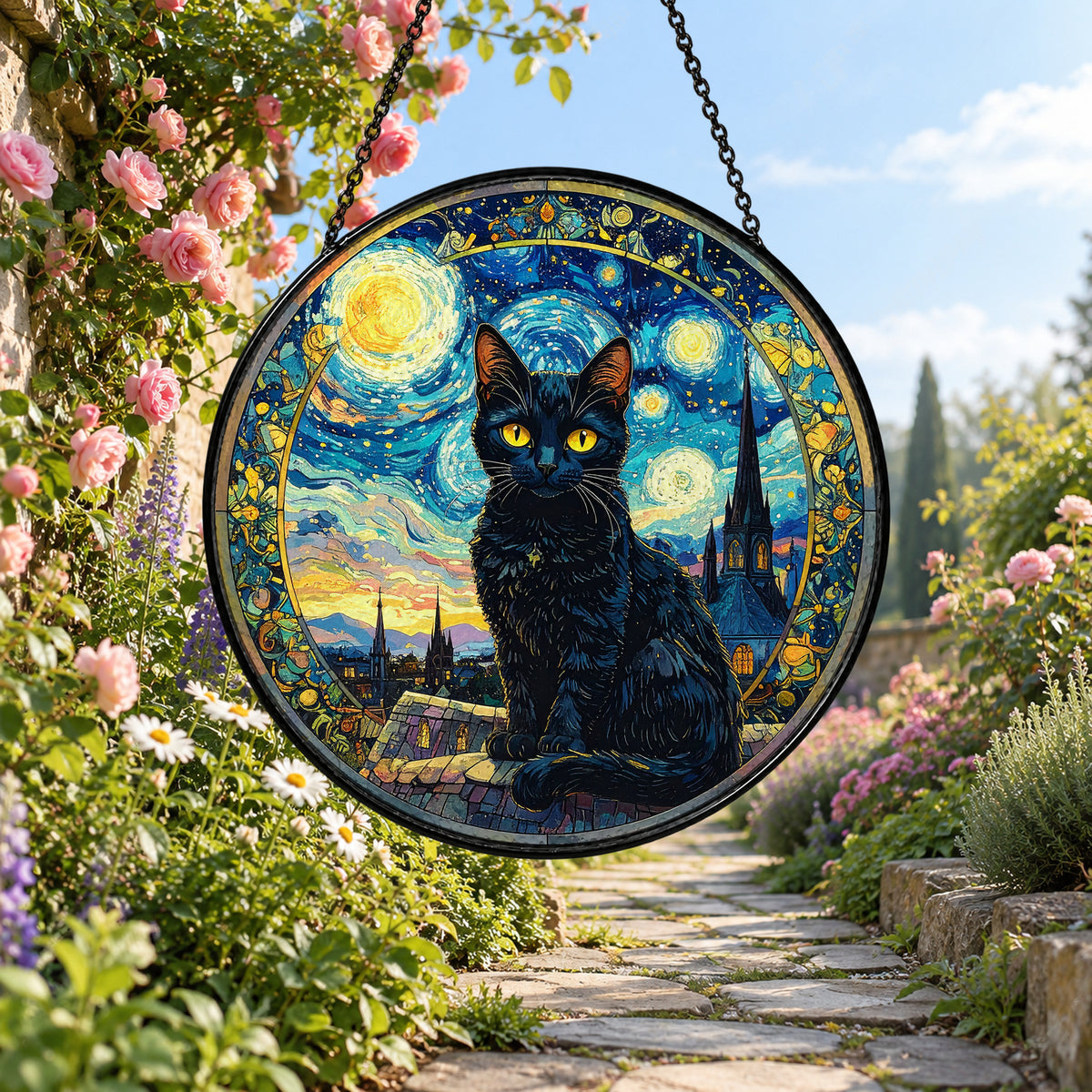 Black Cat against Starry Night stained glass window suncatcher – third gallery view