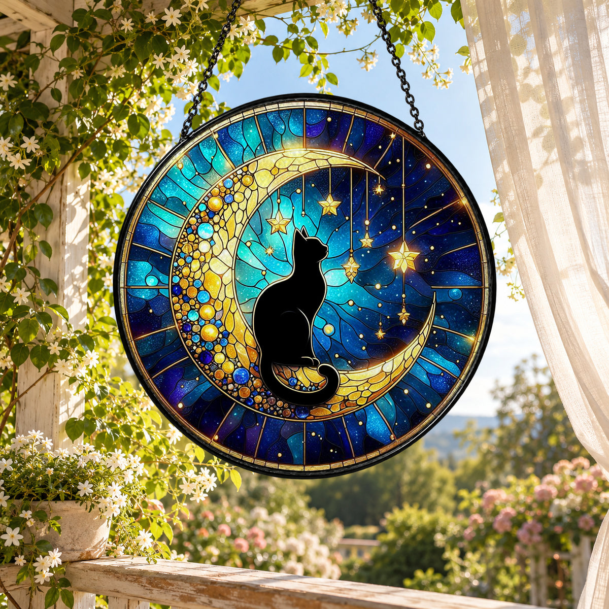 Black Cat beneath Crescent Moon Stars stained glass suncatcher window hanging – front design view