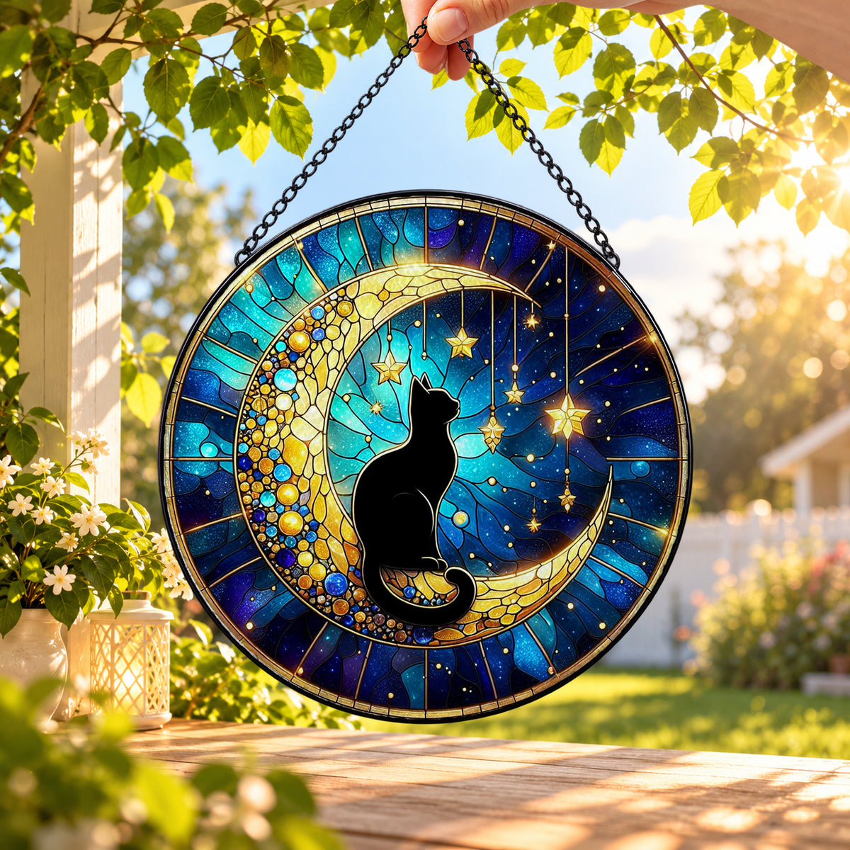 Black Cat beneath Crescent Moon Stars round stained glass window hanging – second gallery view