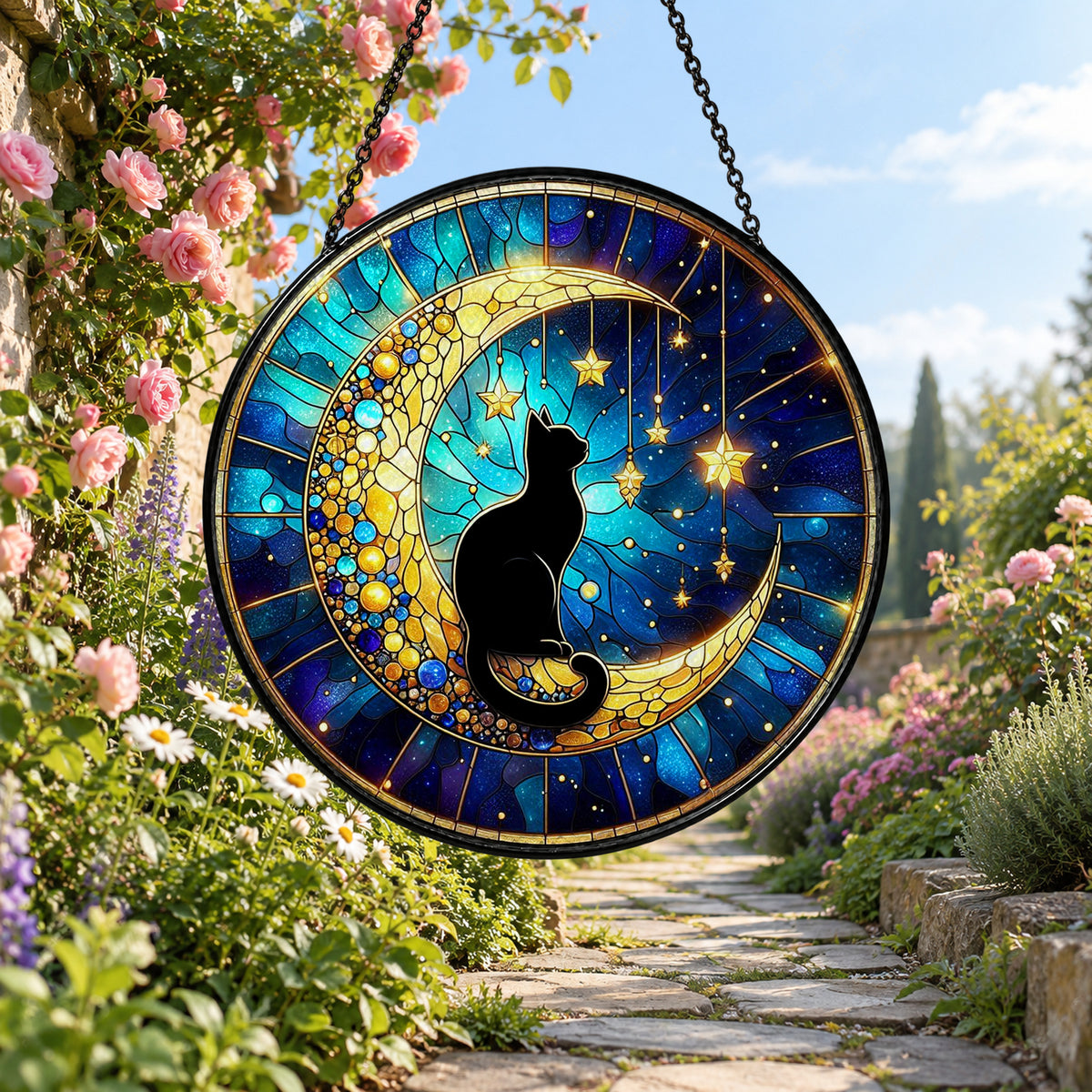 Black Cat beneath Crescent Moon Stars stained glass window suncatcher – third gallery view