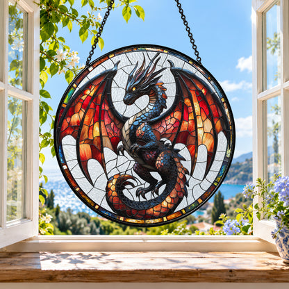 Black Dragon with Rainbow Wings stained glass suncatcher window hanging – front design view