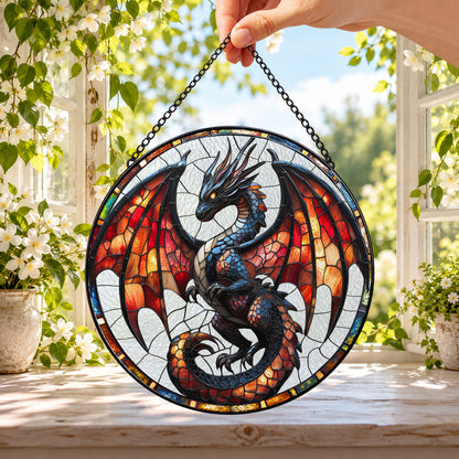 Black Dragon with Rainbow Wings round stained glass window hanging – second gallery view