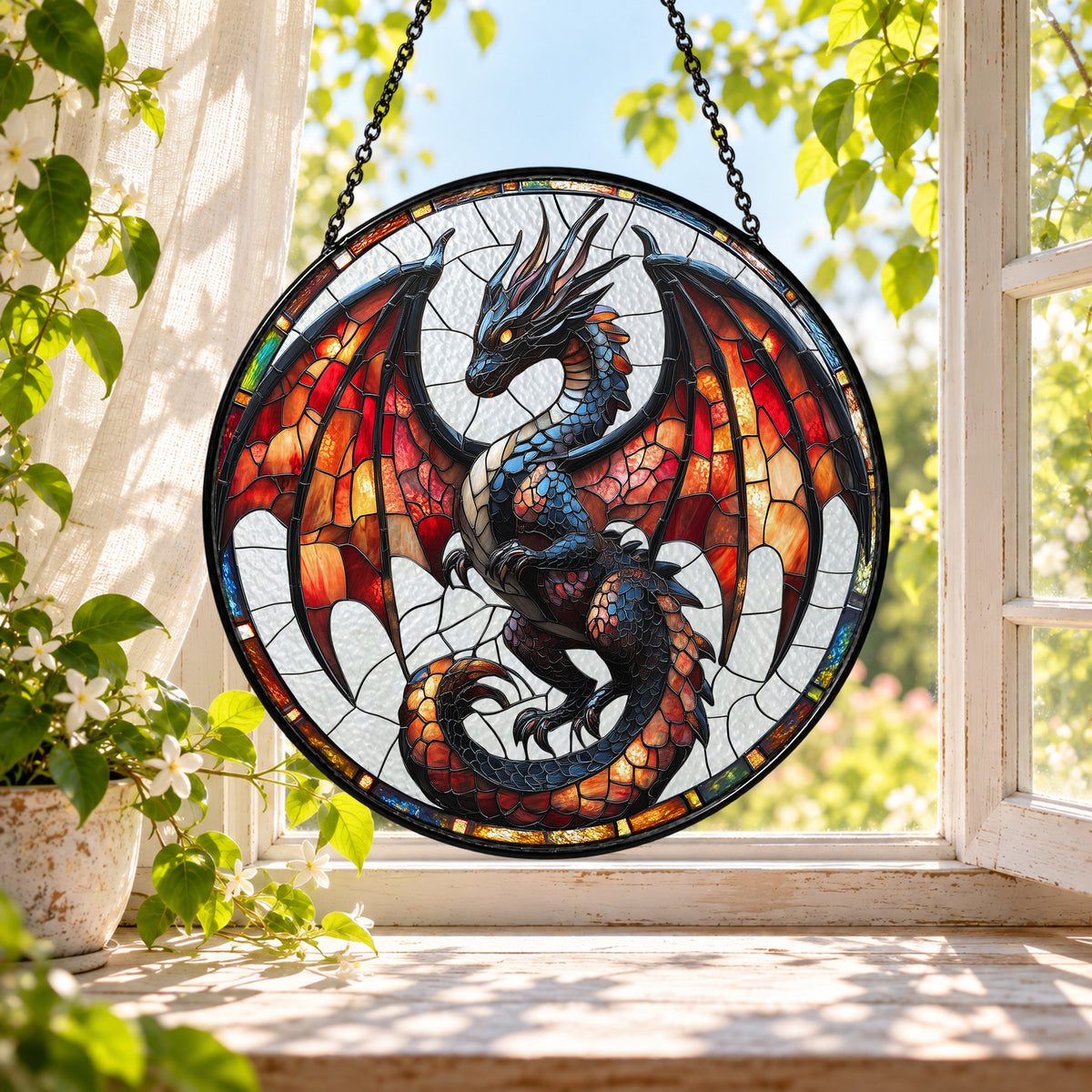 Black Dragon with Rainbow Wings stained glass window suncatcher – third gallery view
