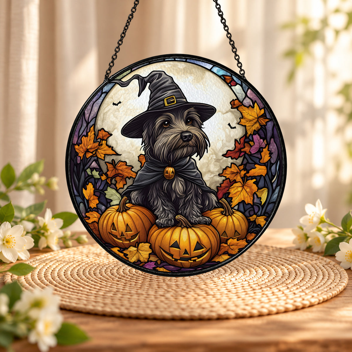 Black Halloween Dog with Pumpkins stained glass suncatcher window hanging – front design view