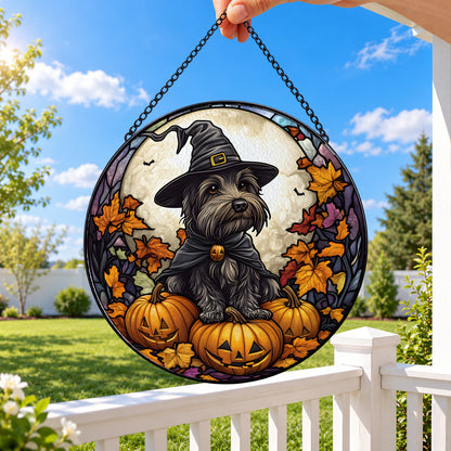 Black Halloween Dog with Pumpkins round stained glass window hanging – second gallery view