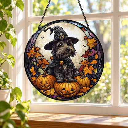 Black Halloween Dog with Pumpkins stained glass window suncatcher – third gallery view