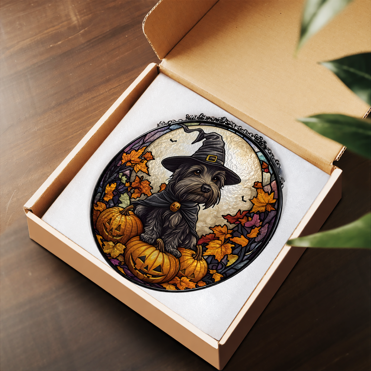 Black Halloween Dog with Pumpkins stained glass suncatcher – flat printed artwork design