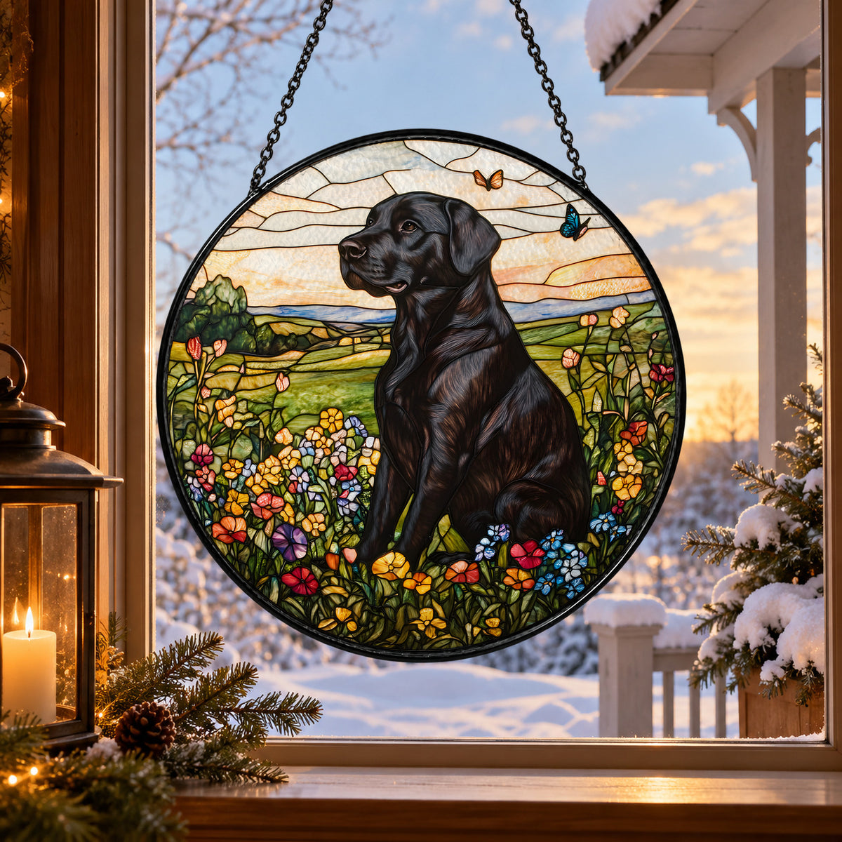 Black Labrador in Wildflower Meadow stained glass suncatcher window hanging – front design view