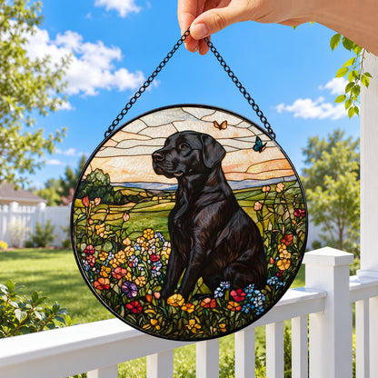 Black Labrador in Wildflower Meadow round stained glass window hanging – second gallery view