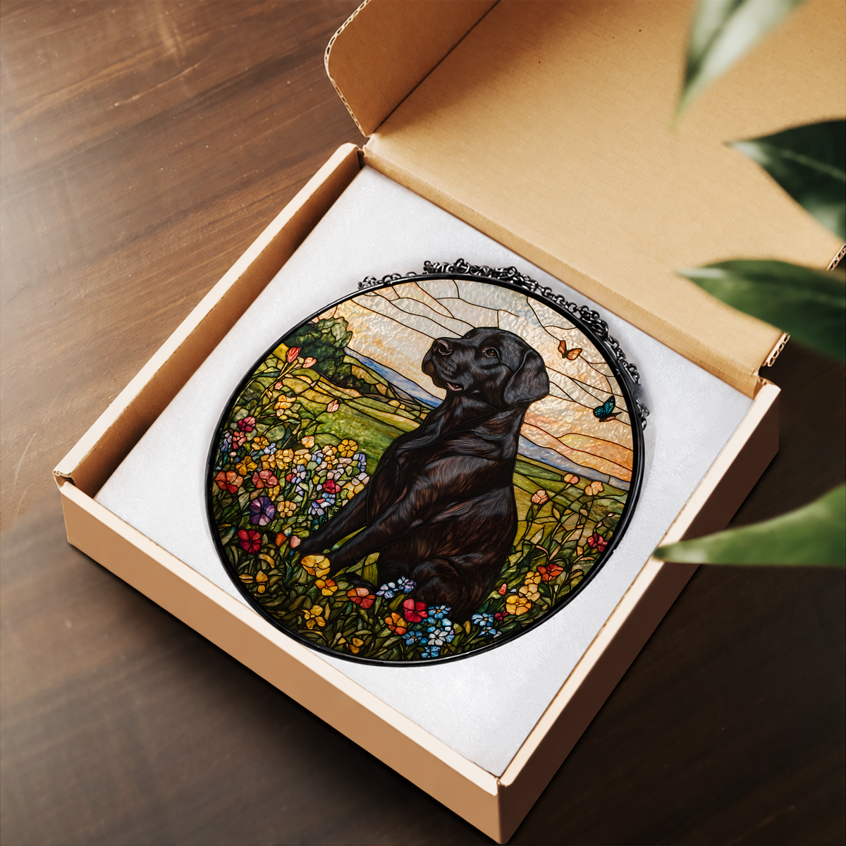 Black Labrador in Wildflower Meadow stained glass suncatcher – flat printed artwork design