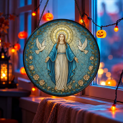 Blessed Virgin Mary in Blue Robe stained glass suncatcher window hanging – front design view