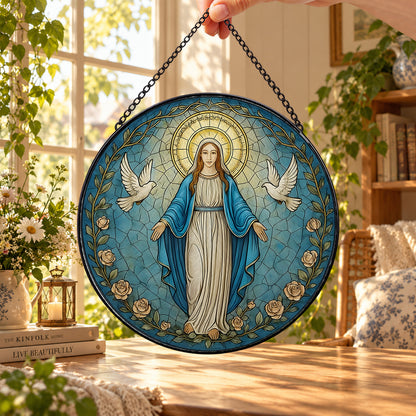 Blessed Virgin Mary in Blue Robe round stained glass window hanging – second gallery view