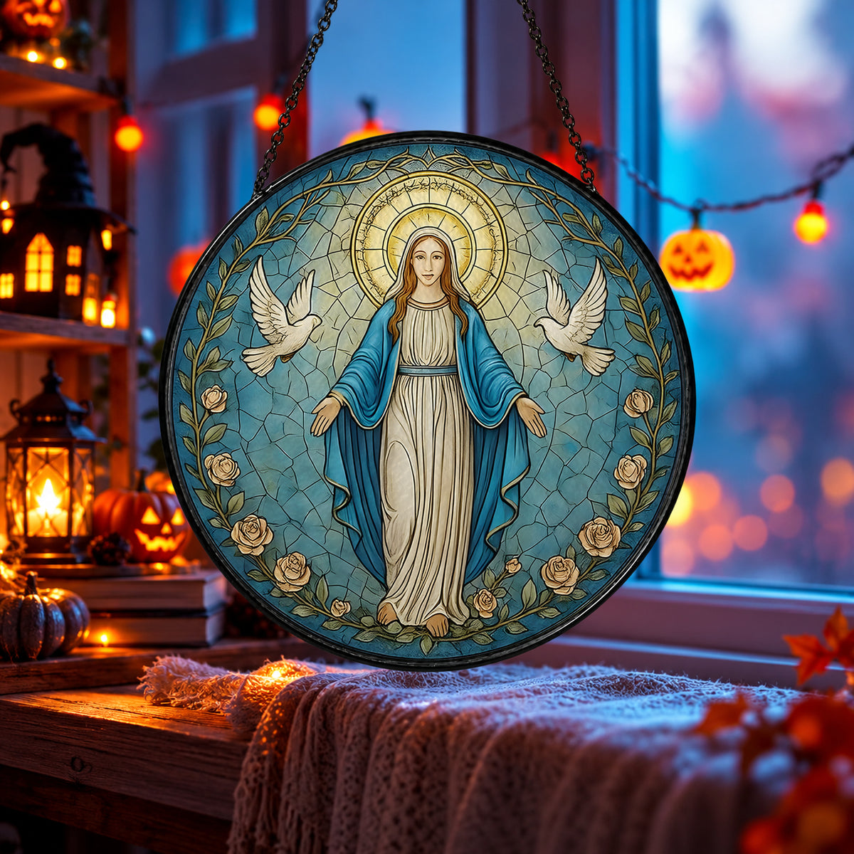 Blessed Virgin Mary in Blue Robe stained glass window suncatcher – third gallery view