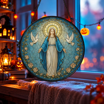 Blessed Virgin Mary in Blue Robe stained glass window suncatcher – third gallery view