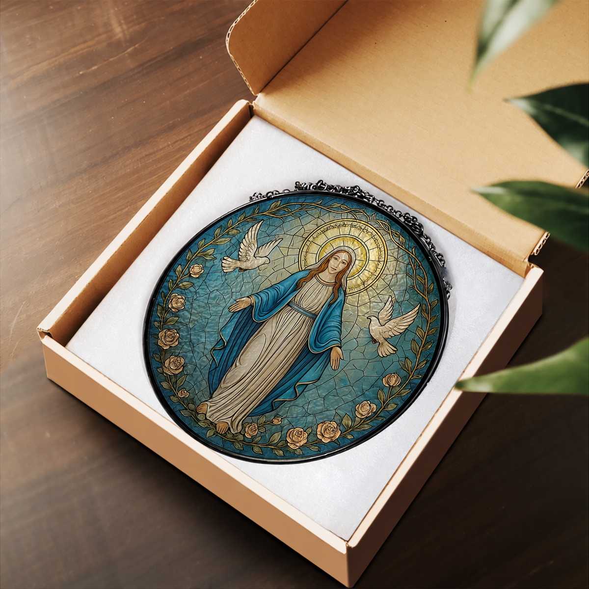 Blessed Virgin Mary in Blue Robe stained glass suncatcher – flat printed artwork design