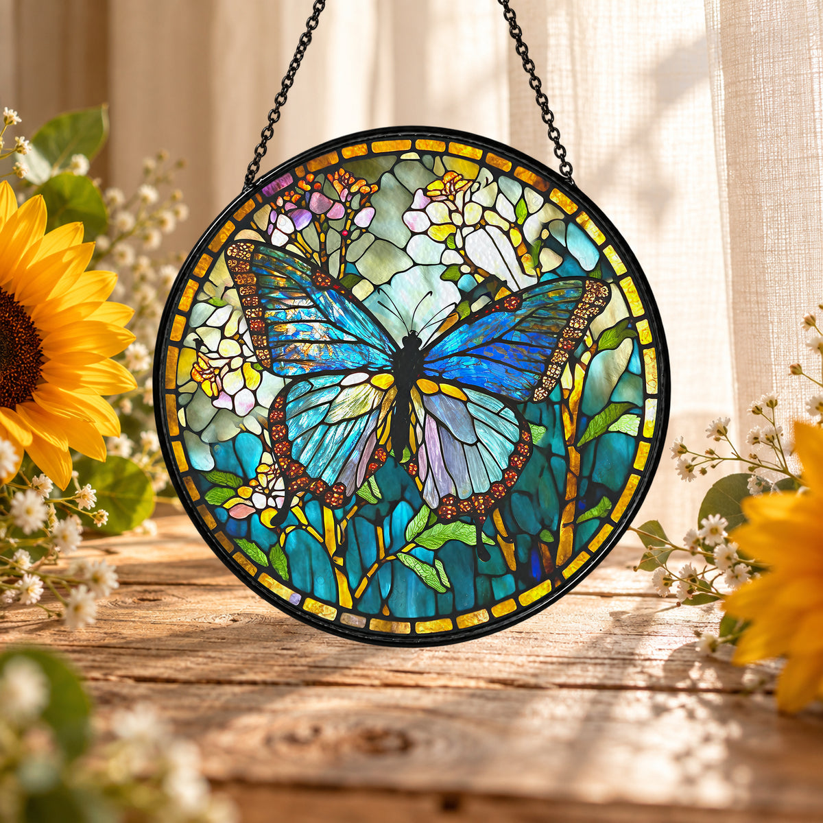 Blue Butterfly in Flower Garden stained glass suncatcher window hanging – front design view