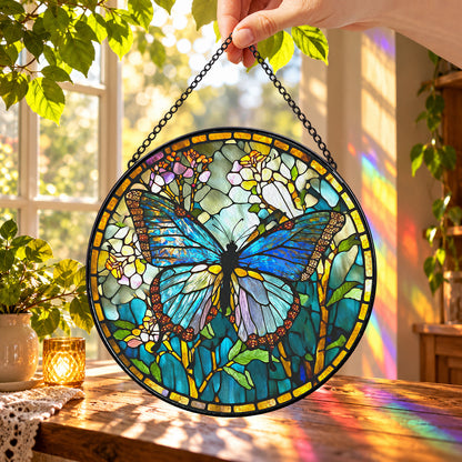 Blue Butterfly in Flower Garden round stained glass window hanging – second gallery view