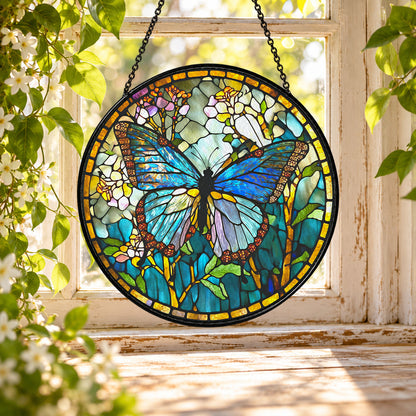 Blue Butterfly in Flower Garden stained glass window suncatcher – third gallery view