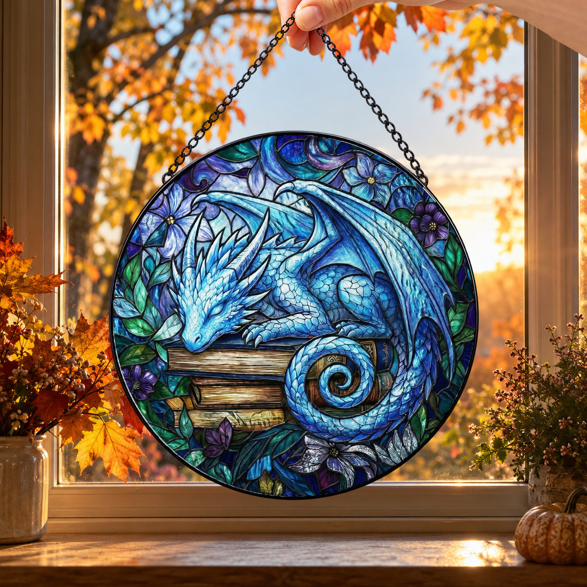Blue Fantasy Dragon in Moonlight round stained glass window hanging – second gallery view