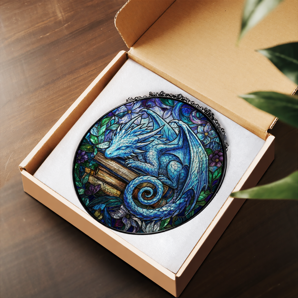 Blue Fantasy Dragon in Moonlight stained glass suncatcher – flat printed artwork design