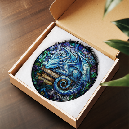 Blue Fantasy Dragon in Moonlight stained glass suncatcher – flat printed artwork design