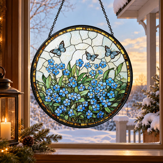 Blue Forget Me Not Flower Bouquet stained glass suncatcher window hanging – front design view