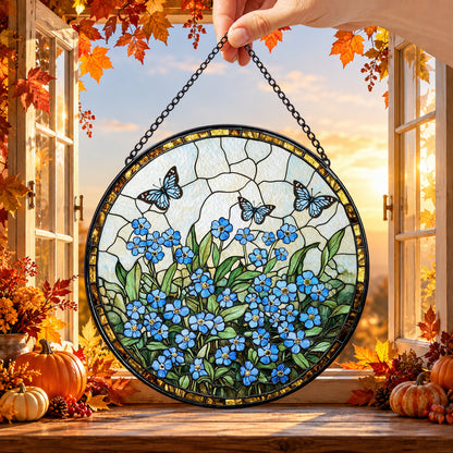 Blue Forget Me Not Flower Bouquet round stained glass window hanging – second gallery view