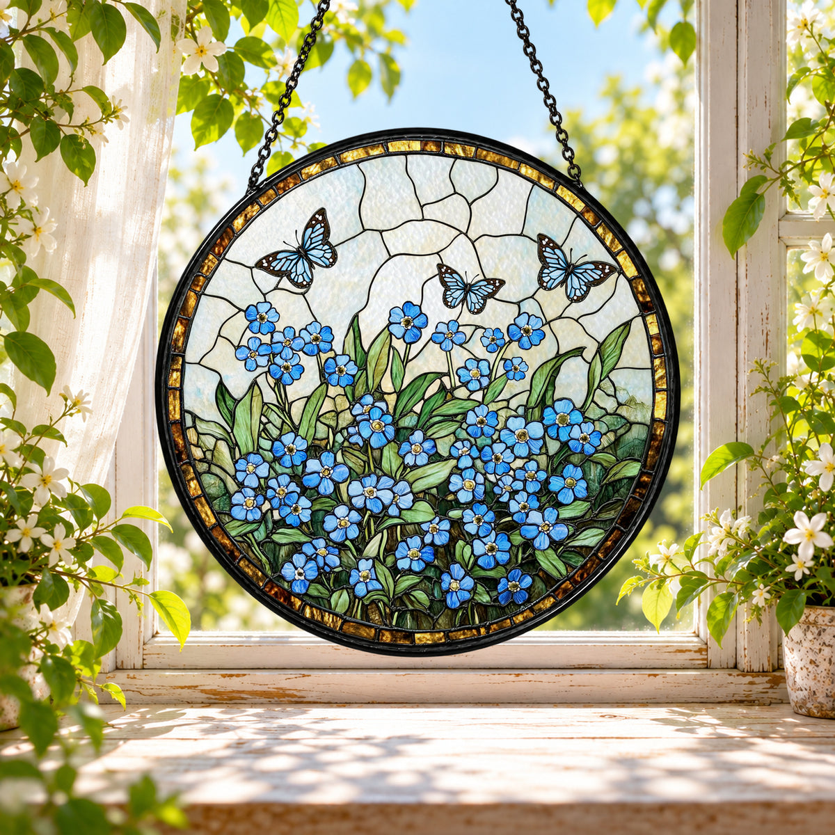 Blue Forget Me Not Flower Bouquet stained glass window suncatcher – third gallery view