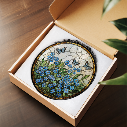 Blue Forget Me Not Flower Bouquet stained glass suncatcher – flat printed artwork design