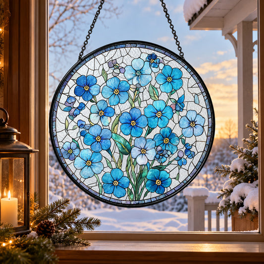 Blue Forget Me Not Flower Cluster stained glass suncatcher window hanging – front design view