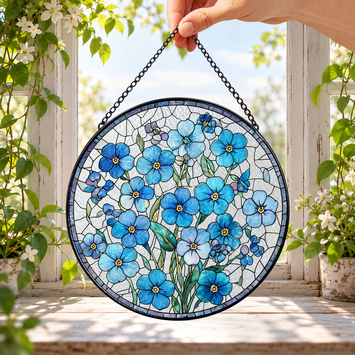 Blue Forget Me Not Flower Cluster round stained glass window hanging – second gallery view