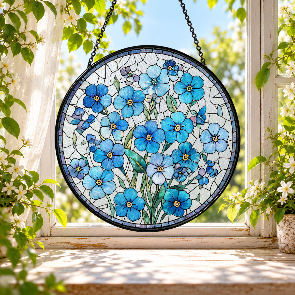 Blue Forget Me Not Flower Cluster stained glass window suncatcher – third gallery view