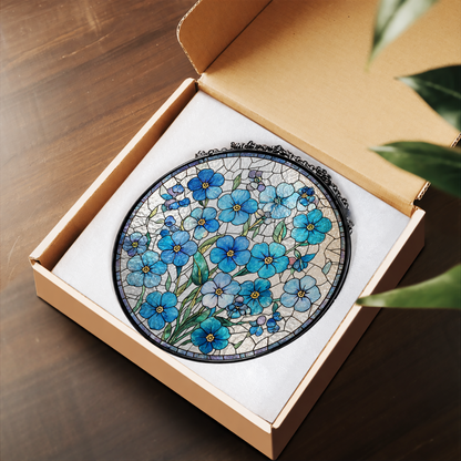Blue Forget Me Not Flower Cluster stained glass suncatcher – flat printed artwork design