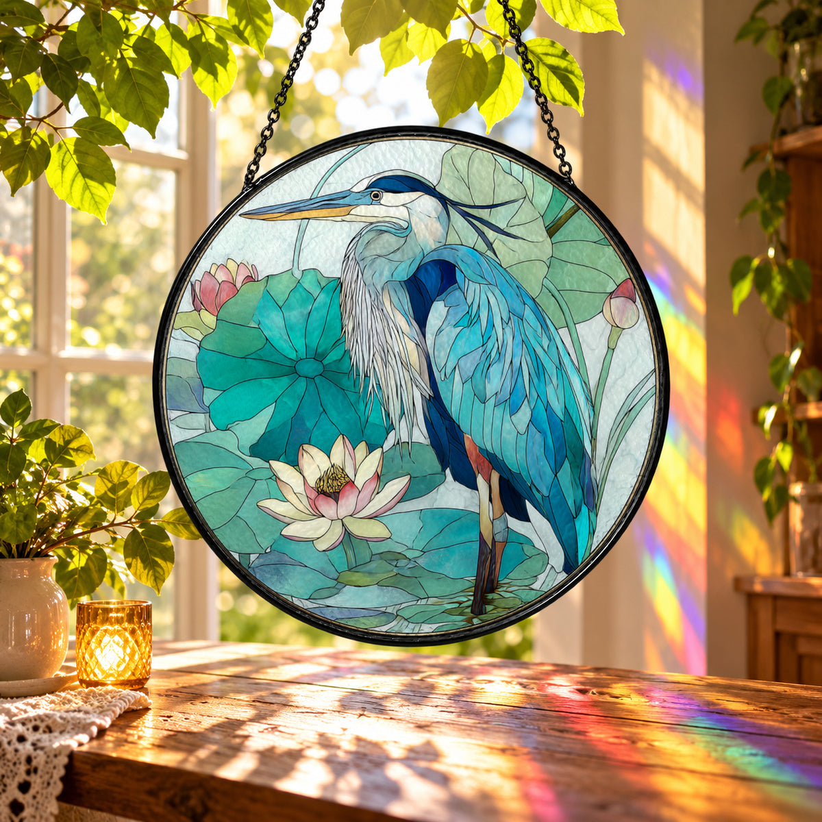 Blue Heron by Lotus Pond stained glass suncatcher window hanging – front design view