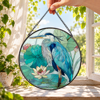 Blue Heron by Lotus Pond round stained glass window hanging – second gallery view