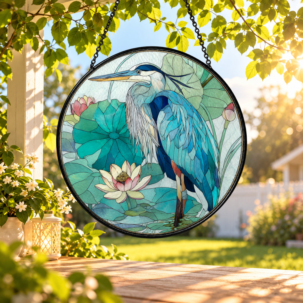 Blue Heron by Lotus Pond stained glass window suncatcher – third gallery view