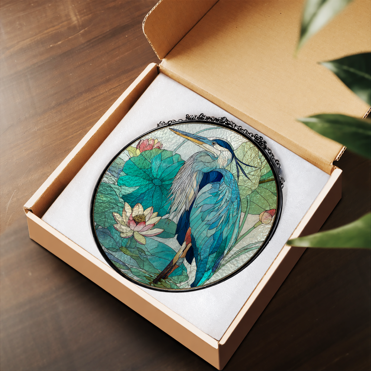 Blue Heron by Lotus Pond stained glass suncatcher – flat printed artwork design