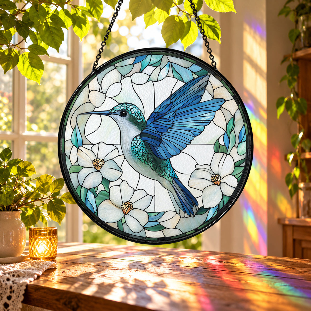 Blue Hummingbird with White Blossoms stained glass suncatcher window hanging – front design view