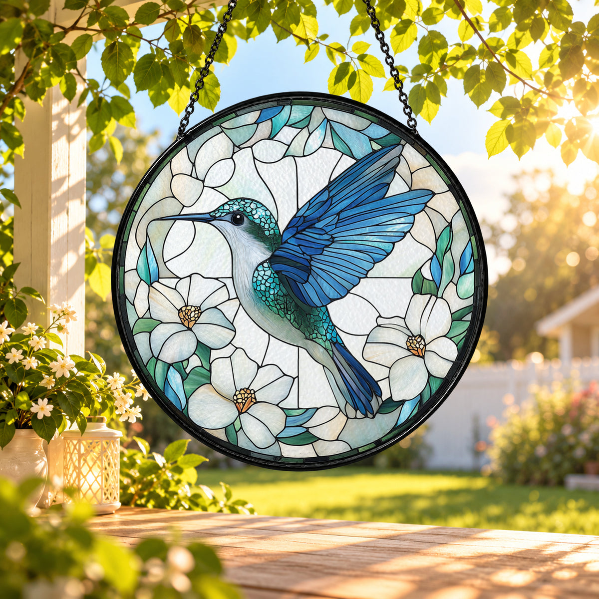 Blue Hummingbird with White Blossoms stained glass window suncatcher – third gallery view