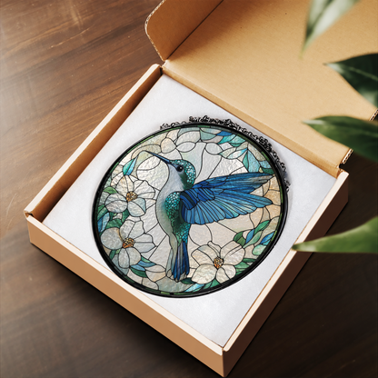 Blue Hummingbird with White Blossoms stained glass suncatcher – flat printed artwork design