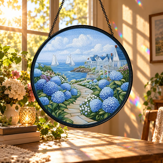 Blue Hydrangeas and Coastal Cottage stained glass suncatcher window hanging – front design view