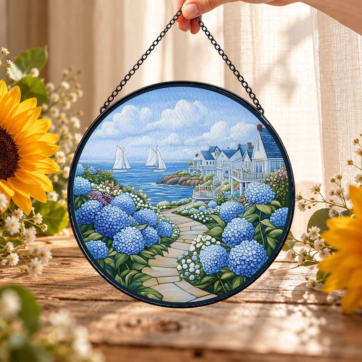 Blue Hydrangeas and Coastal Cottage round stained glass window hanging – second gallery view