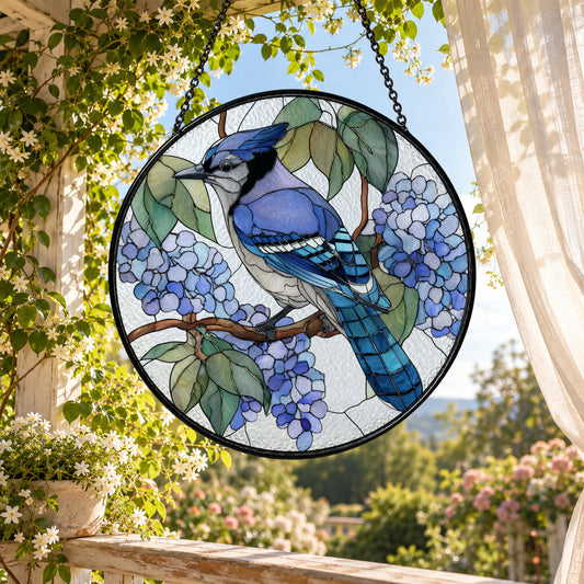 Blue Jay and Blue Hydrangeas stained glass suncatcher window hanging – front design view