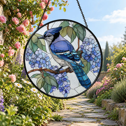 Blue Jay and Blue Hydrangeas stained glass window suncatcher – third gallery view