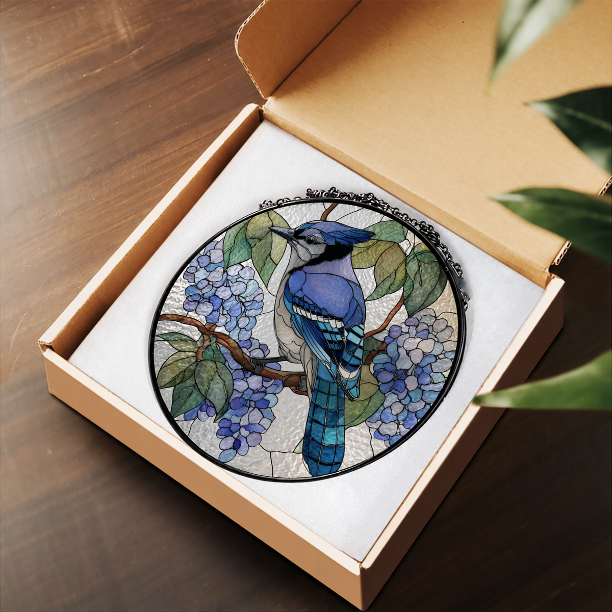 Blue Jay and Blue Hydrangeas stained glass suncatcher – flat printed artwork design