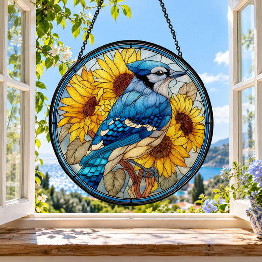 Blue Jay with Golden Sunflowers stained glass suncatcher window hanging – front design view