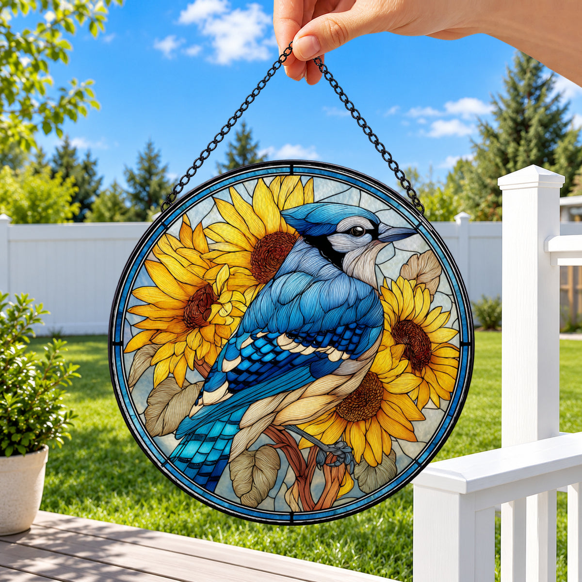 Blue Jay with Golden Sunflowers round stained glass window hanging – second gallery view