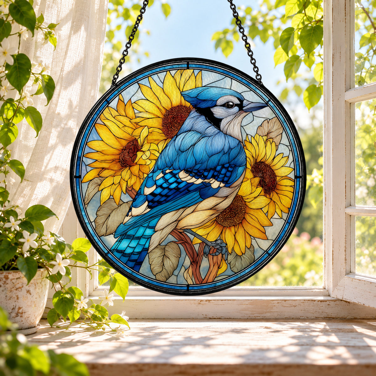 Blue Jay with Golden Sunflowers stained glass window suncatcher – third gallery view